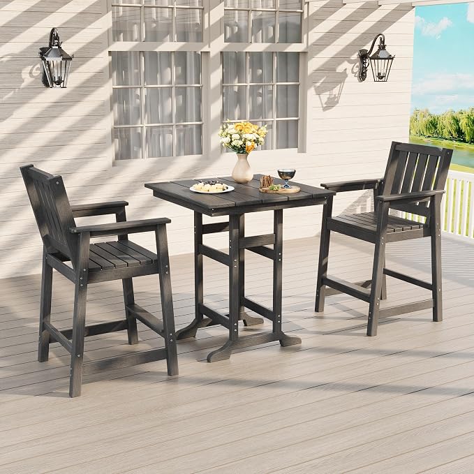 GAOMON Square Outdoor Bar Height Table, Patio Tall Side Bistro Table with Umbrella Hole, Weather Resistant High Top Dining Table for Backyard, Garden, Deck, Porch, Dark Gray