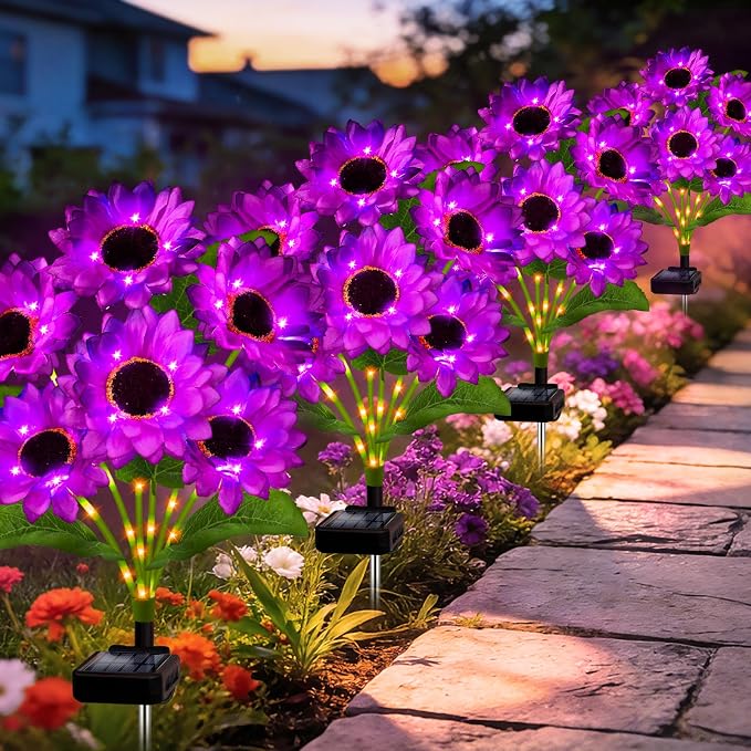 Solar Garden Lights Outdoor, 4 Pack Solar Purple Sunflower Lights with 18 Head 3.5 Inch Flowers, Waterproof Flowers Light Fall Decor Auto ON/Off for Garden Yard Patio Backyard, Gifts for Mom Women