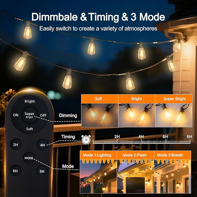 BLIATLUS 25FT Solar String Lights, Waterproof Remote 8+2 ST38 LED for Patio Garden