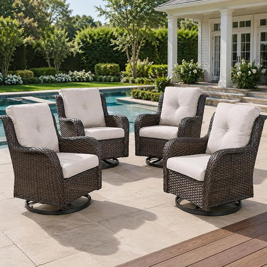 HUMMUH Outdoor Swivel Rocker Wicker Patio Chairs High Back PE Rattan Glider Chairs 4PCS Patio Furniture Set(Brown,Beige)