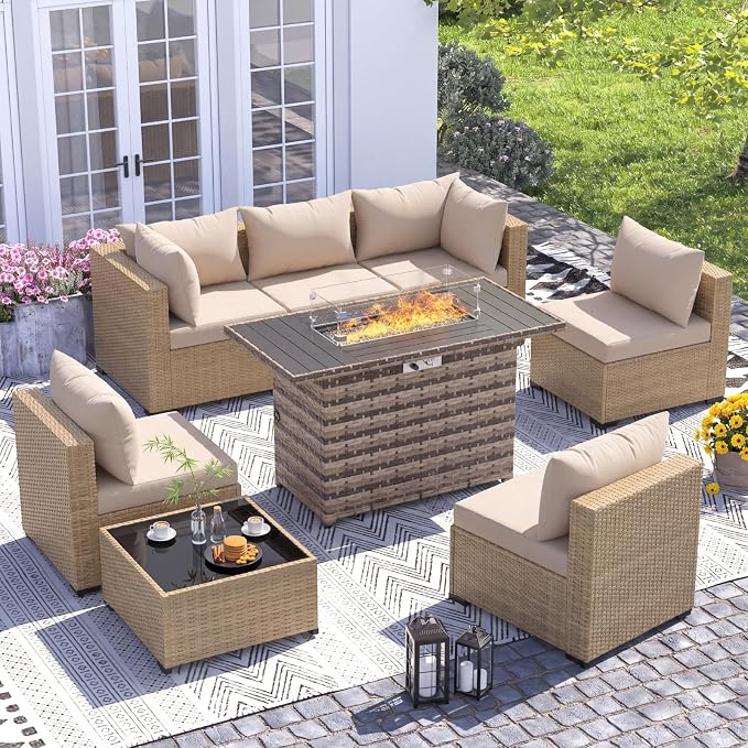 UDPATIO Furniture Set with Fire Pit Table, 8 Piece Sectional Sofas, All-Weather Wicker Conversation for Garden, Backyard, Yellow/Beige