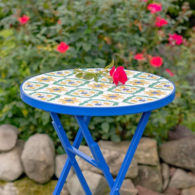 Mosaic Tile Furniture with Blue Metal Frame and Patterned Tile Tops (Nantucket - Blue/Green/Yellow, Folding Accent Table)