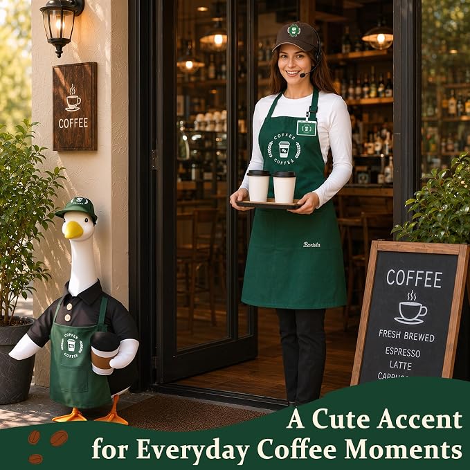 23 Inch Barista Porch Goose Outfits for Outdoor Garden Yard Decor | 3Pcs Coffee Theme Goose Clothes, Durable Weather-Resistant Fabric, Fun Decor Gift for Coffee Lovers