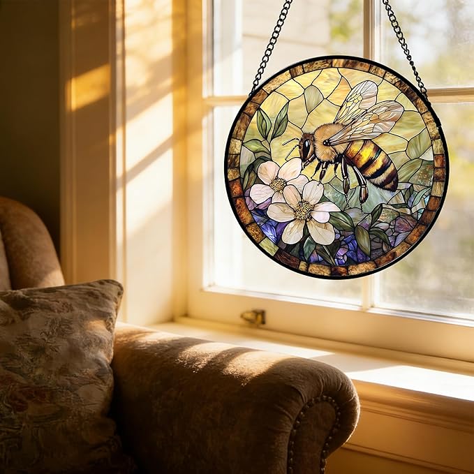 Stained Glass Window Hanging, Vintage Bee Yellow Flower Sun Catcher for Window Door Home Decor Suncatcher Christmas Mother's Day Birthday Gifts for Women Men Mom and Nana 6.3 in