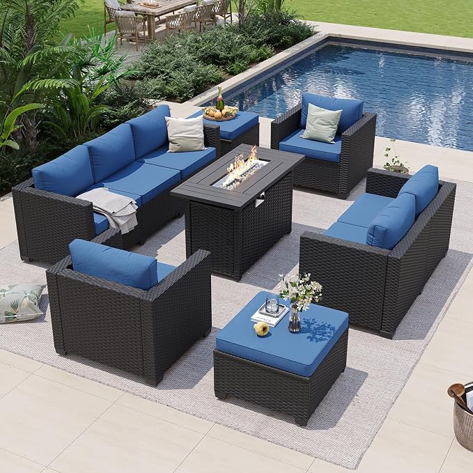 Aoxun 7 Piece Patio Furniture Set with Fire Pit Table, 9 Seats Outdoor Furniture Set with Wicker Ottomans, Rattan Outdoor Sectional Sofa with Thickened Cushion & Waterproof Cover Blue