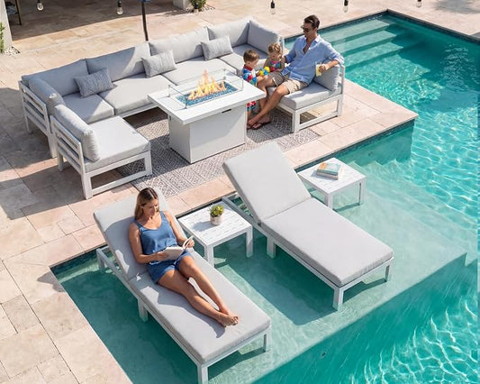 RADIATA 11pcs Modern Aluminum Patio Furniture Set with 43'' Propane Fire Pit Table (White)