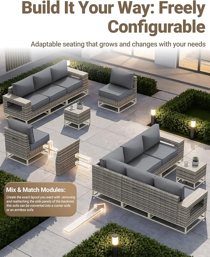 Outdoor Patio Furniture Set 8 Piece Gray PE Rattan Wicker Outdoor Sectional Sofa with Thickened Cushions and Chunky Arms, Modern Modular L-Shaped Conversation Set for Garden, Backyard, Slate Grey