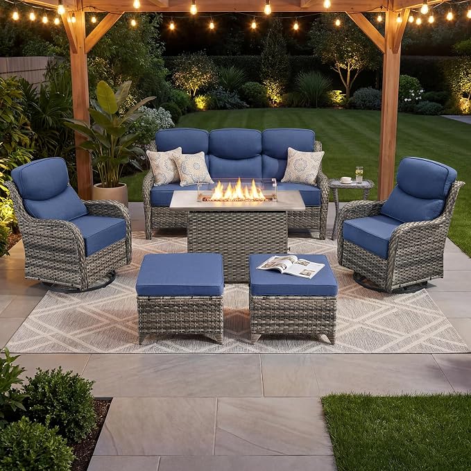Luxury Patio Furniture Set with 6-inch Thick Cushion, Outdoor Furniture with Fire Pit Table, Swivel Chairs, Sofa, Side Table, Ottomans, 7pcs Wicker Conversation Set(Grey Wicker/Blue Cushion)