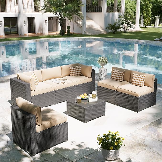 Aoxun Patio Furniture Set, 7 Piece Outdoor Sectional Sofas with Waterprool Cover, Wicker Rattan Outdoor Furniture Patio Conversation Set for Backyard, Garden Beige