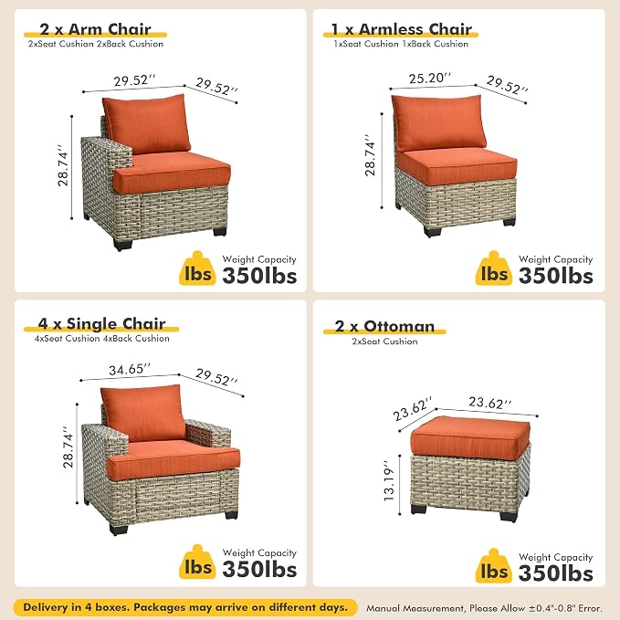 9 Pcs Outdoor Sectional Patio Furniture Set with Ottomans - All Weather Wicker Modular Outside Sectional Couch,Patio Seating Outdoor Conversation Sets for Deck Yard Garden,Orange Red