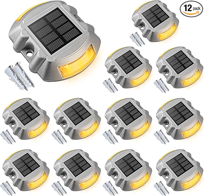 VOLISUN Solar Deck Driveway Dock Lights,Solar Pathway Lights,Warm 12 Pack | Solar Powered LED, IP68 Waterproof Led Outdoor Warning Step Marine Lights for Sidewalk Garden Yard