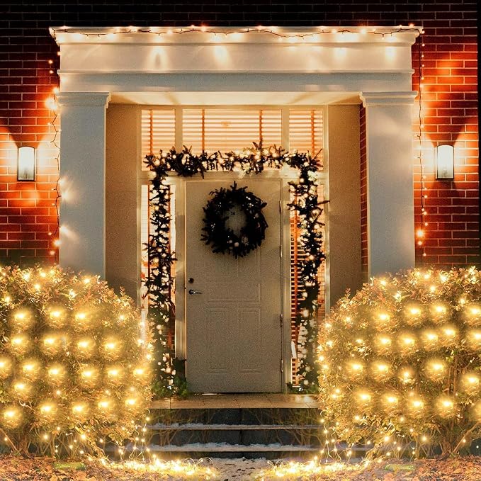 Warm White Net Lights, 34.5X 5ft Christmas Lights Outdoor Clear Wire | 610 LED Large Net Mesh Lights Plug in, 8 Modes Waterproof Connectable Bushes Lights for Christmas Hedge Yard Decor