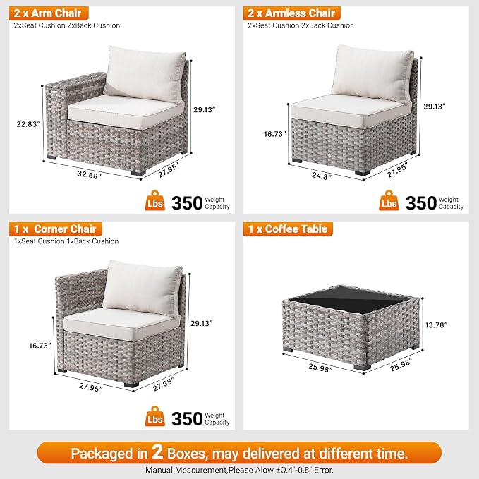 6 Pieces Patio Furniture Set, Outdoor Wicker Sectional Sofa with 7.7" Extra Wide Armrests, Modern Rattan Modular Conversation Set with Thickened Deep Seat Cushions & Coffee Table for Backyard, Beige