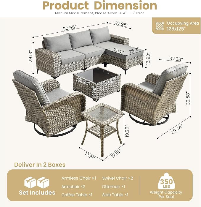 HOOOWOOO Outdoor Sectional Furniture Set,8 Pieces Wicker Patio Conversation Sets,L Shape All Weather Outside Couch Sofa Set with Swivel Chairs Solar Light Table Ottoman,Charcoal Gray