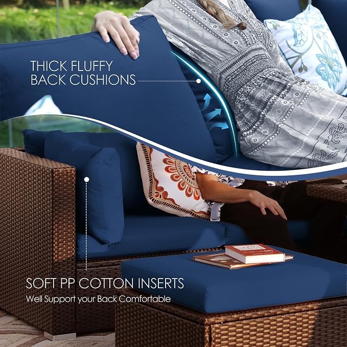 NICESOUL 15 Piece Outdoor Sectional with Fire Pit Table, Modern Luxury Patio Deep Seating w/Firepit, 29.3'' High-Back Wicker Couch Thick, Big High-Weight Capacity Sofa for Garden, Yard, Brown & Blue