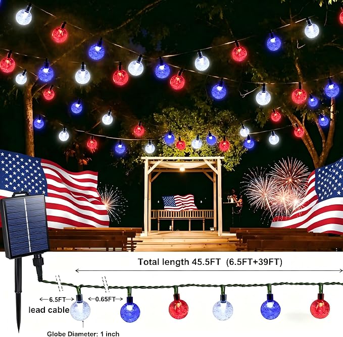 Joomer Red White Blue Solar String Lights,39FT 60LED 4th of July Decor | with 8 Lighting Modes Waterproof, Solar Powered Fairy Lights for Independence Day Yard Gazebo BBQ Patriotic Party Decorations