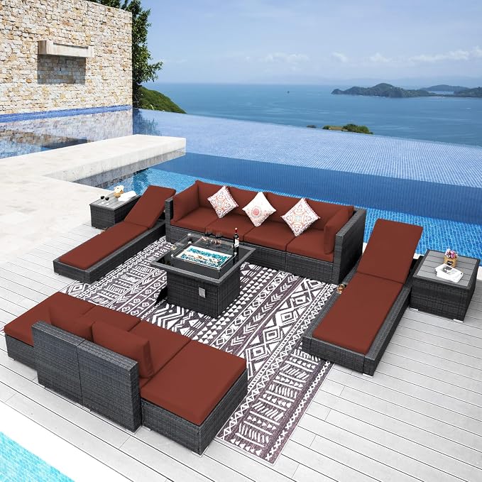 NICESOUL 13 Piece Patio Sectional w/Fire Pit, Modular Wicker Outdoor Couch w/Chaise Lounge, Large Size 29.3'' High-Back Deep Conversation Seating, All-Weather Backyard Movie Furniture, Grey & Red