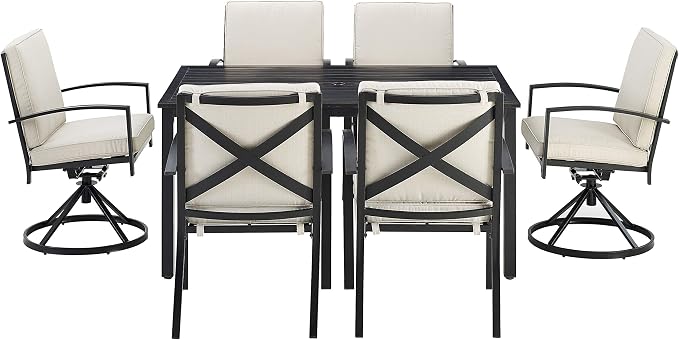 Crosley Furniture Kaplan 7-Piece Outdoor Dining Set for 6, Patio Table and Chairs for Backyard, Deck, Oiled Bronze with Oatmeal Cushions