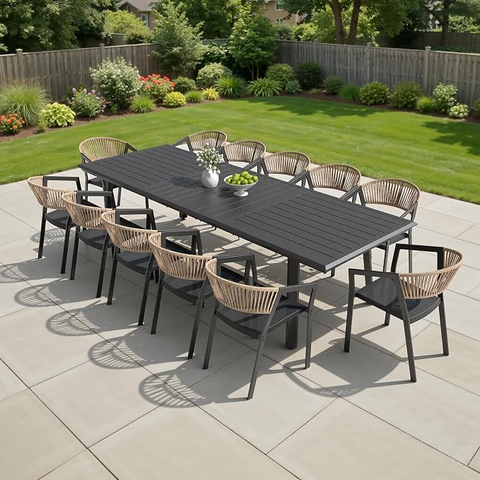 13-Piece Aluminum Patio Dining Set with Stackable Wicker Chairs | 116" Rectangular Outdoor Table with Barrel Armrests Weather Resistant Furniture for Family Gatherings BBQs Parties (Brown)