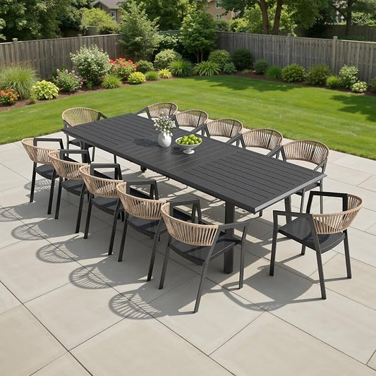 13-Piece Aluminum Patio Dining Set with Stackable Wicker Chairs | 116" Rectangular Outdoor Table with Barrel Armrests Weather Resistant Furniture for Family Gatherings BBQs Parties (Brown)