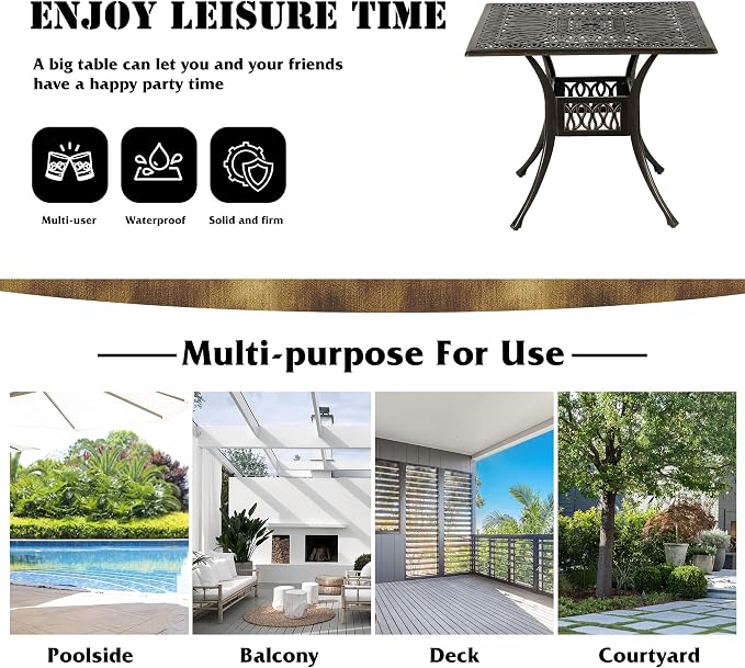35.4in Square Cast Aluminum Patio Bistro Table, Outdoor Dining Table with 2" Umbrella Hole, Weather-Resistant Table for Porch, Backyard, Garden, Balcony, Bronze (35.4" Square Table)