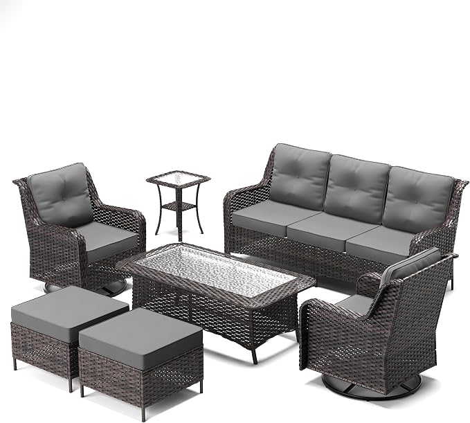 ALAULM 7 Pieces Patio Furniture Set,High Back Wicker Outdoor Sectional Furniture Set with Swivel Chairs & Coffee Table, Patio Conversation Set Thick Cushion for Backyard, Deck, Porch-Grey