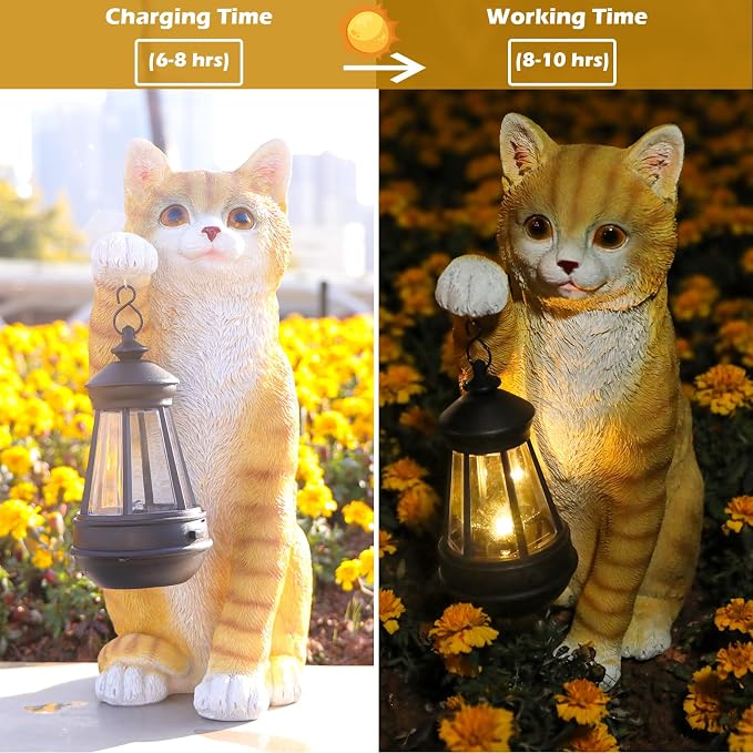 WONDER GARDEN Solar Cat Garden Statue - Outdoor Cat Statues, Orange Cat Figurines with Solar Lantern Light for Patio, Yard, Lawn, Gardening Gifts for Women and Mom(11" Orange Cat)