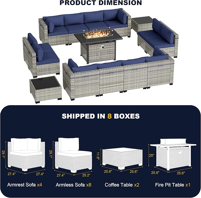 15-Piece Outdoor Patio Furniture Set with 55,000 BTU Fire Pit Table, PE Wicker Rattan Sectional Sofa Conversation Set - All-Weather Garden, Backyard Furniture, Navy Blue