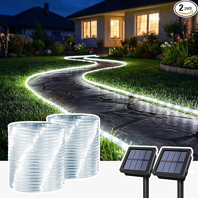 GIGALUMI 2 Pack Solar Rope Lights Outdoor Waterproof, Cool White | Total 72FT 200LED, 8 Modes IP65, Solar String Lights for Outside Tree Fence Railing, Decorative Lighting for Patio Yard Porch