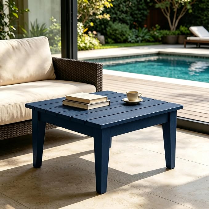 WestinTrends Ashore Outdoor Coffee Table, 32 Inch All Weather Poly Lumber Adirondack Patio Coffee Table Square Low Table, Navy Blue