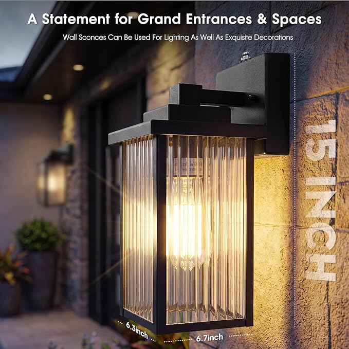 15-Inch Dusk to Dawn Outdoor Wall Light, Matte Black All-Metal Frame | Auto On at Dusk, Off at Dawn. Tempered Glass. Waterproof Rust-Resistant Metal. Pre-Assembled DIY Install on Porch, Garage