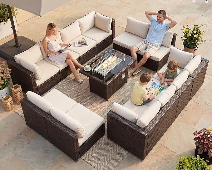 BULEXYARD 13 Piece High Back Wicker Patio Furniture Sets with Fire Pit, All-Weather Heavy Duty Outdoor Seating Set Modular, Extra Deep Wide 12-Person Sectional Couch Sofa for Backyard, Brown & Beige