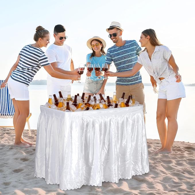 SUPER DEAL Party Ice Cooler Folding Table with 5L Bucket, Portable Outdoor Cooler Table with Removable Matching Skirt, Large Sink and Drain for BBQ, Picnic, and Camping