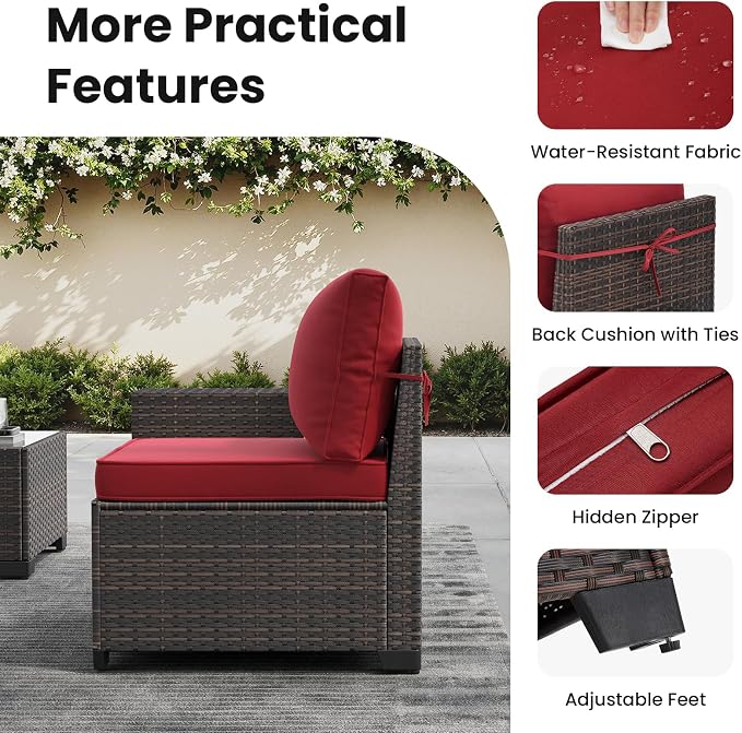 Soohow 7-Piece Patio Furniture Set with 44" Fire Pit Table, Outdoor Sectional Wicker Rattan Conversation Set for Garden, Porch, Backyard - Wine Cushions