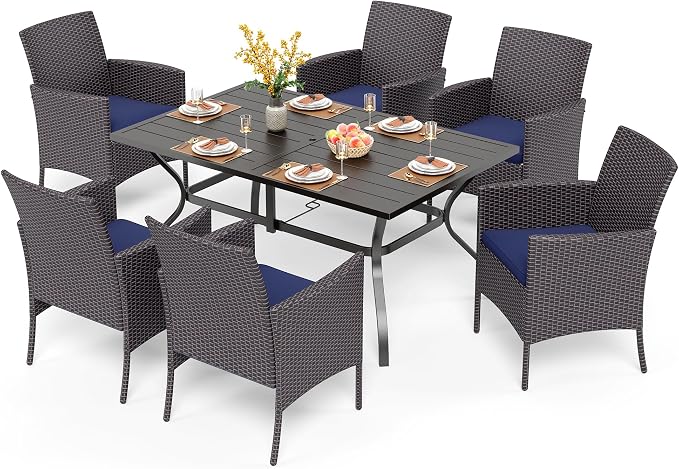 PHI VILLA 7 Piece Patio Dining Set, 60” Rectangular Table, Rattan Chairs | Outdoor Dining Set for 6, Metal Dining Table with Umbrella Hole, Wicker Chairs with Cushions for Patio, Deck, Porch