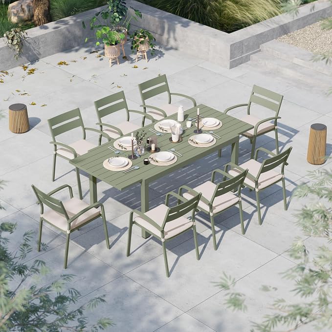 Soleil Jardin 9-Piece Outdoor Patio Dining Set, 59" - 83" Aluminum Expandable Outdoor Dining Table Set for 8, 8 Stackable Chairs with Beige Removable Cushions, Green