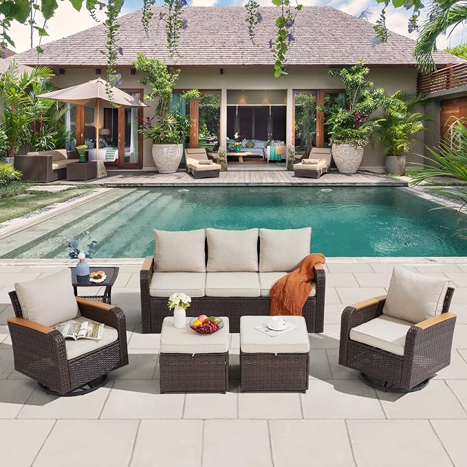 6 Pieces Wicker Patio Furniture Sets, Patio Conversation Set PE Rattan Sectional Sofa with Swivel Chairs Ideal for Indoor Porch Deck Bistro Lawn Garden Backyard Poolside-Khaki