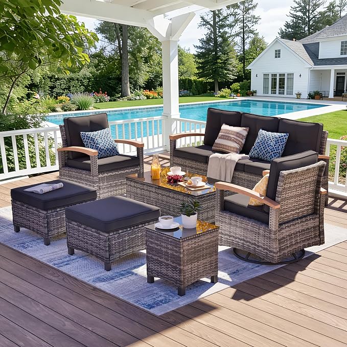 MEISSALIVVE 7 Pieces Patio Furniture Sets,Wicker Patio Conversation Sets with 2 Wood Armrests Swivel Glide Chairs, 2 Ottoman, 3-seat Sofa and Coffee Table (Black)