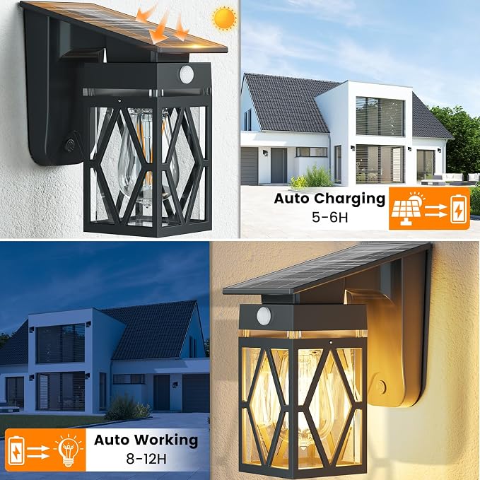2 Pack Solar Porch Lights Outdoor with Dusk-to-Dawn Motion Sensor | 200LM 3000K Warm White, E26 ST58 Bulb, Classic Lantern Design, 3 Lighting Modes, IP65 Waterproof for Porch, Garage & Patio