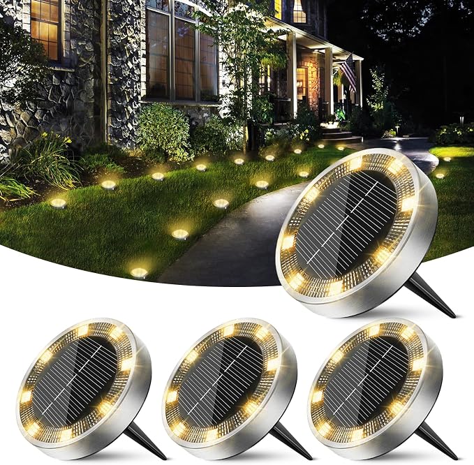 Mini Solar Ground Lights Outdoor, 4 Pack Flat Solar Powered Disc Lights, IP68 Waterproof, Anti-Rust, Landscape Lighting for Pathway Garden Yard Lawn Walkway Landscape Driveway, Warm White