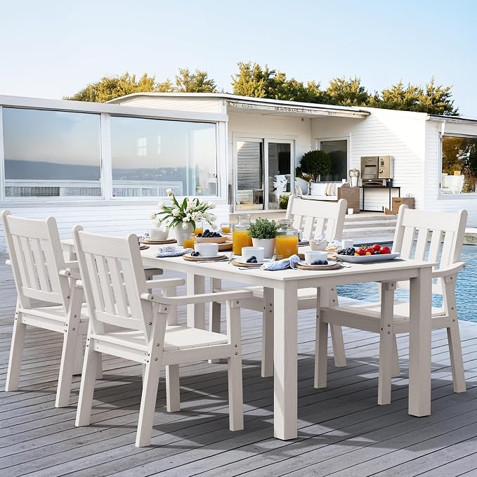 YEFU HIPS Patio Table Set: 7 Piece Outdoor Table and Chairs Dining Furniture Set with Umbrella Hole - White Modern Plastic Dining Sets 6 Person for Outside Deck with Metal Aluminum Frame