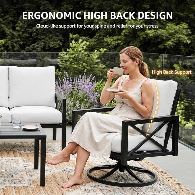 NATURAL EXPRESSIONS 4 Piece Metal Outdoor Patio Furniture Set, Patio Conversation Set with Extra Thick Cushion and Table, Black Frame Backyard Furniture (3 Seater with 2 Swivel Chairs Set)