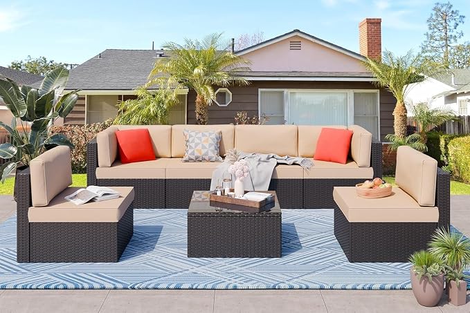 7 Piece Outdoor Patio Furniture Set with Cushions and Glass Table, PE Rattan Wicker Manual Weaving Sectional Sofa Conversation Set for Garden, Deck, Backyard, Balcony, Outdoor Lounge Area