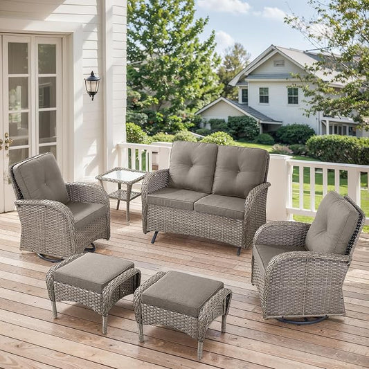 6 Pieces Patio Wicker Furniture Set-Outdoor Swivel Chairs Set of 2 Outdoor Glider Love seat with Outdoor Footstool Patio Furniture for Deck Porch Garden Balcony Poolside-Grey/Grey