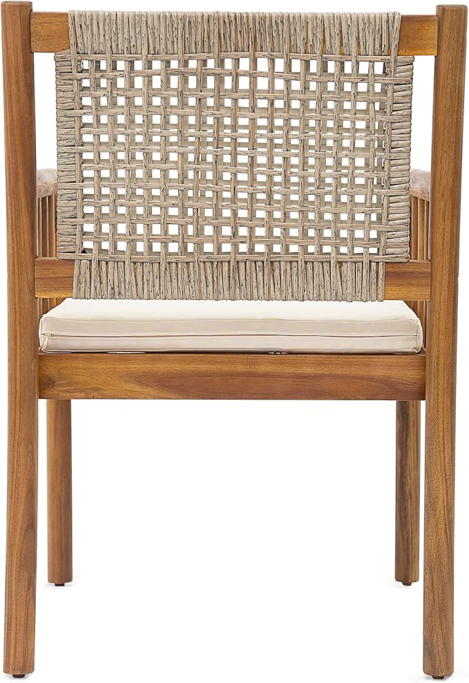 Christopher Knight Home Vera Acacia Wood Outdoor Dining Set for 6, 7 Piece Patio Dining Table and Chair Set, Wooden Outdoor Dining Armchair and Table Set, Teak+Cream