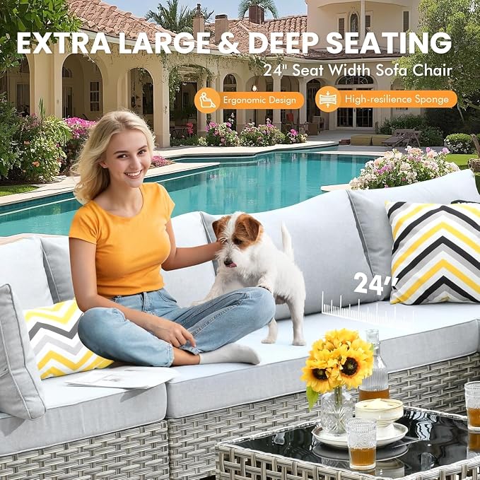 Outdoor Sectional Patio Furniture Set with Fire Pit Table and Swivel Rocking Chairs,11 Pieces Wicker Conversation Sets L Shaped Couch Out Door Sofa Outside Furniture for Garden Deck Yard,Grey