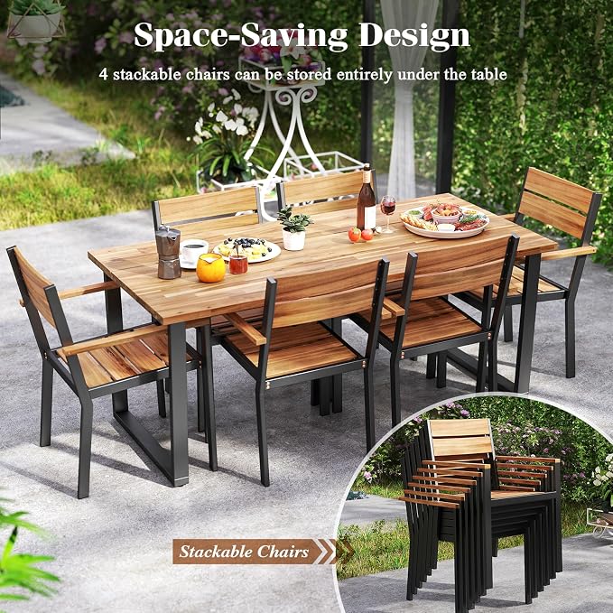 COSTWAY Outdoor Dining Set for 6, 63’’ x 32’’ Acacia Wood & Metal Patio Dining Table with 2'' Umbrella Hole, 6 Stackable Chairs, Ergonomic Armrests, 7 Pieces Dining Set for Backyard, Deck, Patio