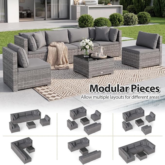 Tangkula 7 Pieces Wicker Patio Furniture Set, Outdoor Sectional Rattan Sofa Set with Seat & Back Cushions, Pillows, Coffee Table, Modular Conversation Set for Backyard, Poolside, Deck & Garden, Grey