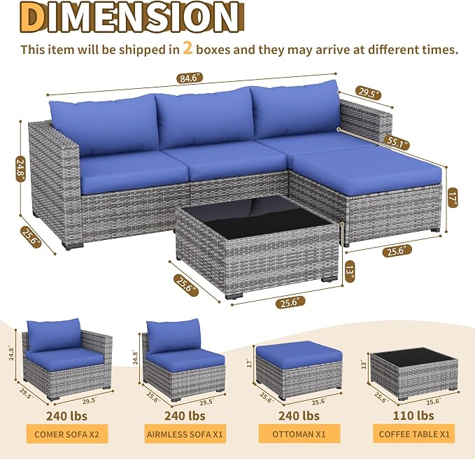UDPATIO 5 Piece Patio Furniture Set, All-Weather Wicker Outdoor Sectional Sofa, L Shaped Outdoor Conversation Couch with Ottoman, Glass Table for Balcony Porch Backyard, Blue 5PCS