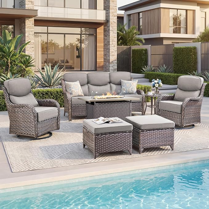 Luxury Patio Furniture Set with 6-inch Thick Cushion, Outdoor Furniture with Fire Pit Table, Swivel Chairs, Sofa, Side Table, Ottomans, 7pcs Wicker Conversation Set(Brown Wicker/Grey Cushion)